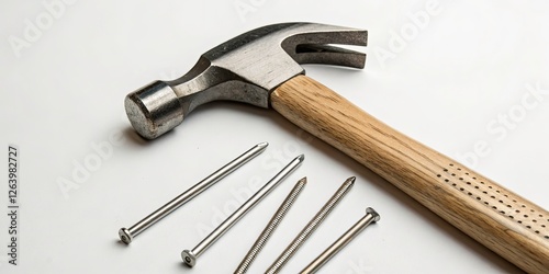 Minimalist Hammer and Nails in Focus - Simple Tool Aesthetics for Home Improvement, DIY Projects, and Construction Concepts, Soft Lighting, and Clean Background for Visual Appeal
