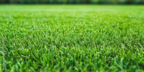 Lush green grass covering well maintained lawn, creating serene outdoor space. vibrant color and texture evoke sense of tranquility and natural beauty photo