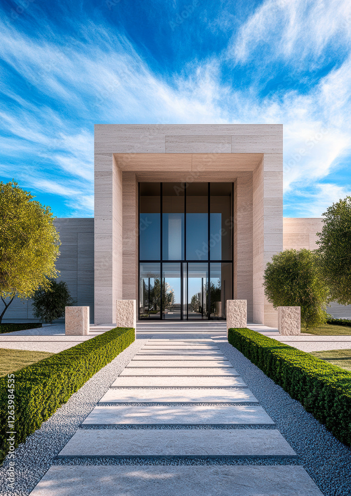 Naklejka premium A striking contemporary facade featuring expansive glass doors, clean lines, and meticulously landscaped pathways, framed by lush greenery and under a bright blue sky.