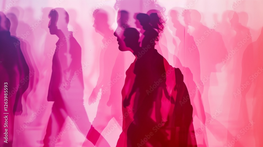 A creative abstract image featuring blurred silhouettes of people walking, layered with pink and red tones, creating a dreamlike and artistic effect. AI generated. A creative abstract image featuring blurred silhouettes of people walking, layered with pink and red tones, creating a dreamlike and artistic effect. AI generated.