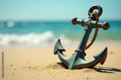 Vintage sailor's anchor in the sand, seaside, anchor, monochrome