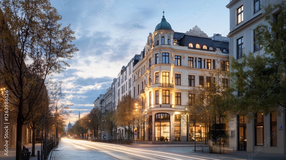 Fototapeta premium City street dusk, building illuminated, trees, traffic blur