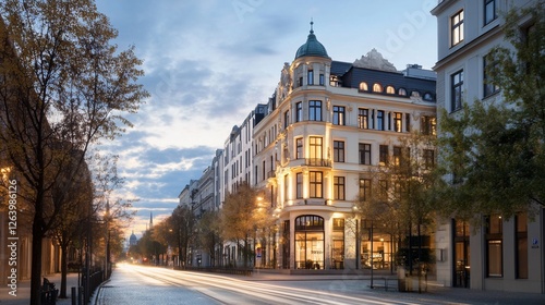City street dusk, building illuminated, trees, traffic blur