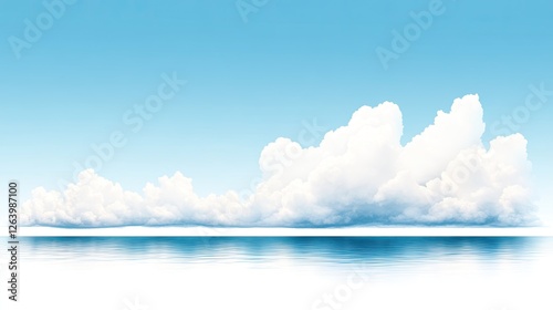 Serene landscape featuring fluffy white clouds reflecting on calm water under a clear blue sky