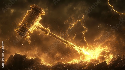 Gavel fiery impact, justice storm background, legal concept photo