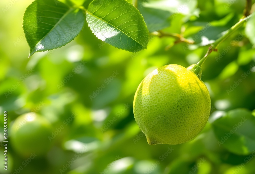 Fresh Lime Hanging on Branch with Green Leaves in Sunlight Fresh Lime Hanging on Branch with Green Leaves in Sunlight