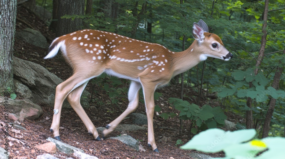 Baby Deer Taking Tentative Steps in a Quiet Forest Surrounded by Lush Greenery and Rocks Baby Deer Taking Tentative Steps in a Quiet Forest Surrounded by Lush Greenery and Rocks