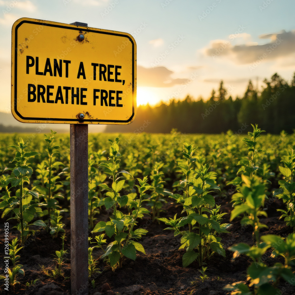 Obraz premium A bold yellow metal sign with the text 'Plant a Tree, Breathe Free', promoting eco-consciousness and green living.