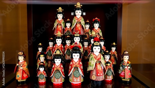 Traditional Japanese Hinamatsuri dolls displayed in a tiered arrangement photo