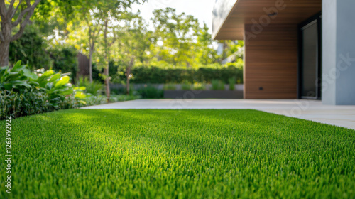 Wallpaper Mural Lush green grass in backyard with modern architecture and landscaping. vibrant lawn contrasts beautifully with sleek design of home, creating serene outdoor space Torontodigital.ca