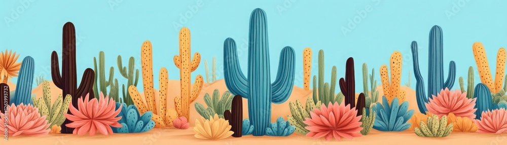 Vibrant desert landscape featuring a variety of cacti and colorful succulents against a bright sky, showcasing nature's beauty. Vibrant desert landscape featuring a variety of cacti and colorful succulents against a bright sky, showcasing nature's beauty.