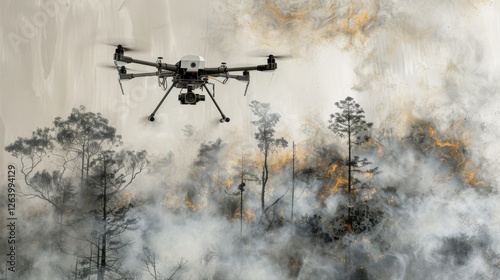 A powerful drone flies through thick clouds of smoke, monitoring a raging wildfire. The mix of technology and environmental urgency creates a striking and dramatic scene. AI generated.