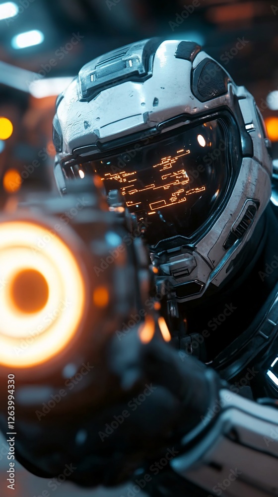 Fototapeta premium Futuristic soldier aiming weapon, city backdrop, gaming