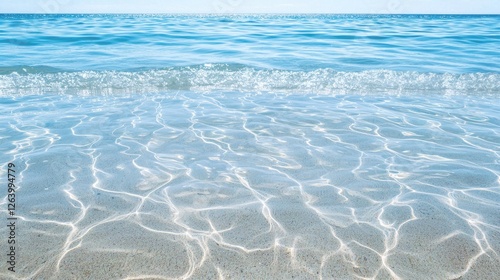 Serene beach scene showcasing clear turquoise water gently lapping against the sandy shore