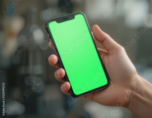 Wallpaper Mural A close-up of a hand holding a smartphone with a green screen against a bokeh background of a city street ambiance. Perfect for mockups, UI/UX design presentations, or app display previews Torontodigital.ca