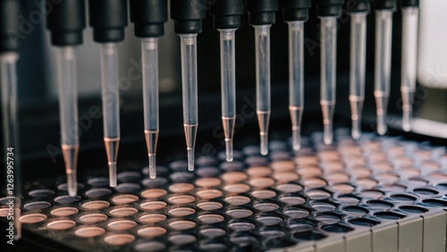 A closeup of an automated pipetting system with precision tips poised above a multiwell plate ready to dispense various colored liquids into the wells for an experiment. photo