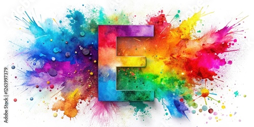 Realistic Colorful E Letter Portrait, Rainbow Splash, Abstract Watercolor, White Background