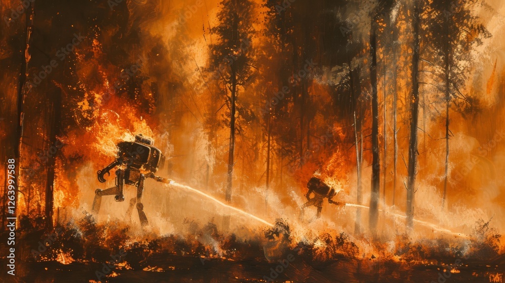 Fototapeta premium Advanced robotic machines combat raging wildfires in a burning forest, using high-tech equipment to control the flames. The scene depicts futuristic firefighting technology in action. AI generated.