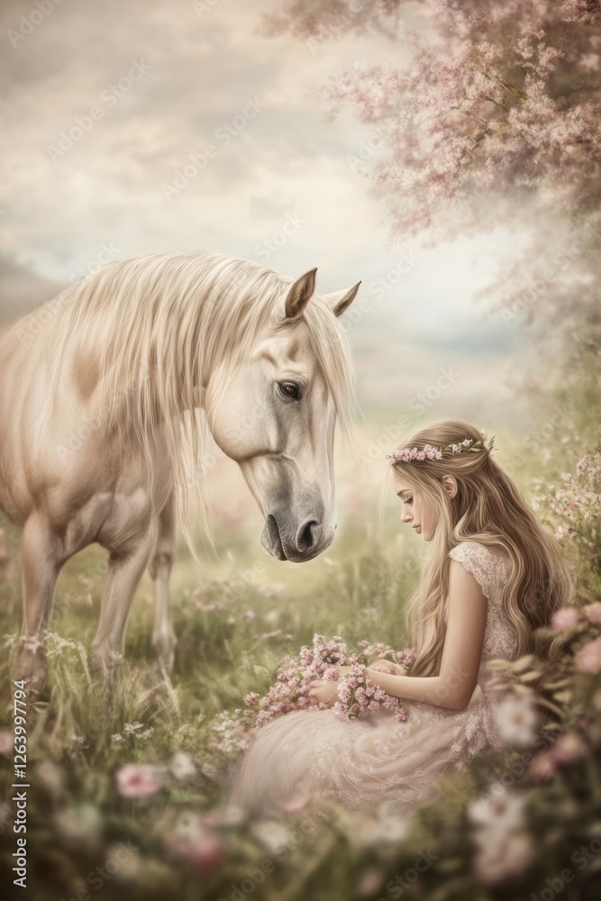 Obraz premium Beautiful female and horse in flower grass field in Spring.