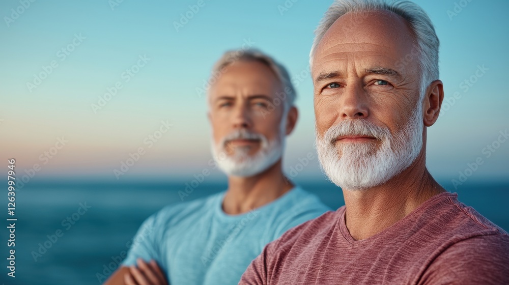 Fototapeta premium Elderly Couple Enjoying a Refreshing Morning Yoga Session by the Ocean Retired Seniors Practicing Yoga Poses and Meditation on the Beach at Sunrise
