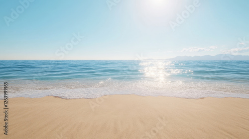 Fototapeta Naklejka Na Ścianę i Meble -  serene beach scene with gentle waves lapping at shore, showcasing clear blue sky and bright sunlight reflecting on water