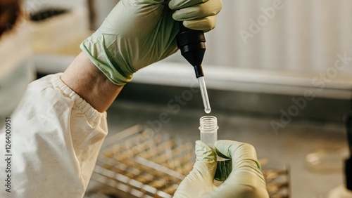 A closeup of a scientists gloved hands carefully pipetting a droplet of liquid into a microcentrifuge tube demonstrating the preparation of a microbiome sample for analysis.
