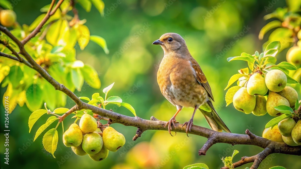 Obraz premium A serene bird perched on a gnarled branch of a mature pear tree