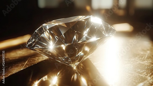 A brilliant diamond resting on a reflective surface, capturing sunlight and creating sparkling reflections