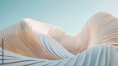 Abstract white wave-like structures undulating under a clear blue sky, evoking tranquility and creativity
