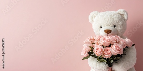 Teddy bear holding roses, pink background, Valentine's Day card