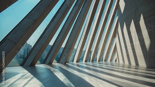 Modern architectural interior with angled beams casting shadows on a polished floor, city skyline visible