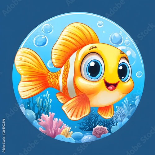 Illustrate Angel fishwith a cute and simple cartoon representation of the animal, set against an oceanic background. Ensure the animals are vibrant and engaging
