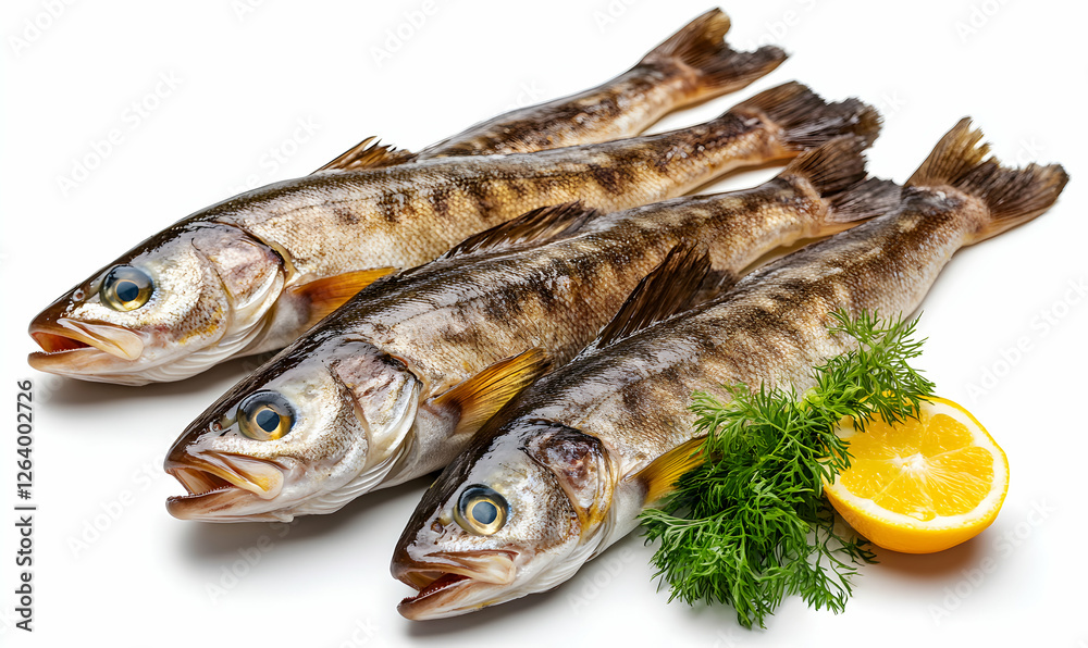 Fresh, raw fish on white background; three whole fish with lemon and dill garnish. Perfect for culinary, seafood, or healthy eating concepts. Fresh, raw fish on white background; three whole fish with lemon and dill garnish. Perfect for culinary, seafood, or healthy eating concepts.
