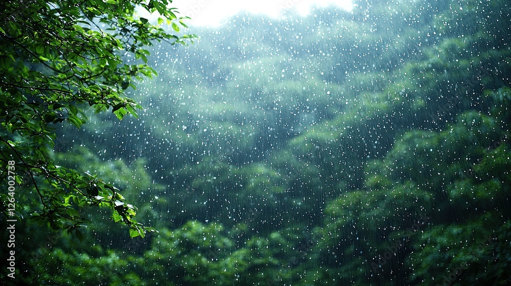 Lush green forest during a gentle rain, droplets falling amidst vibrant foliage, serene atmosphere Lush green forest during a gentle rain, droplets falling amidst vibrant foliage, serene atmosphere