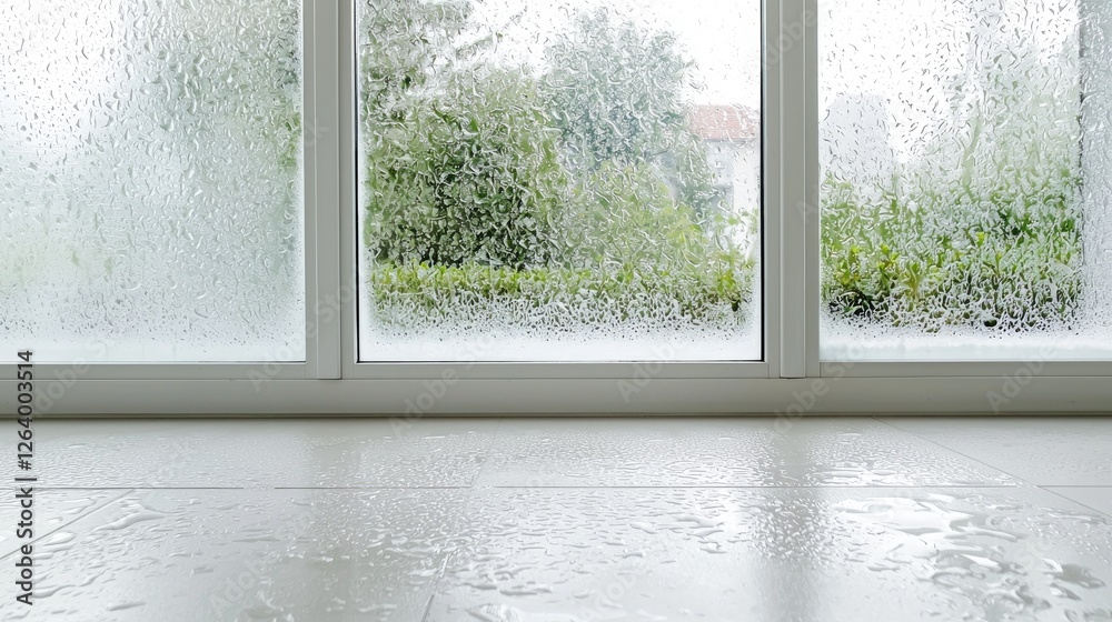 Naklejka premium Rainy day condensation on window, indoor view