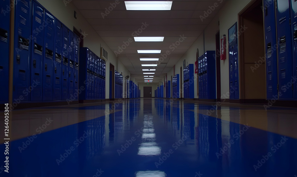Long, empty school corridor with blue lockers and shiny floor. Perfect for themes of education, transition, or solitude. Long, empty school corridor with blue lockers and shiny floor. Perfect for themes of education, transition, or solitude.