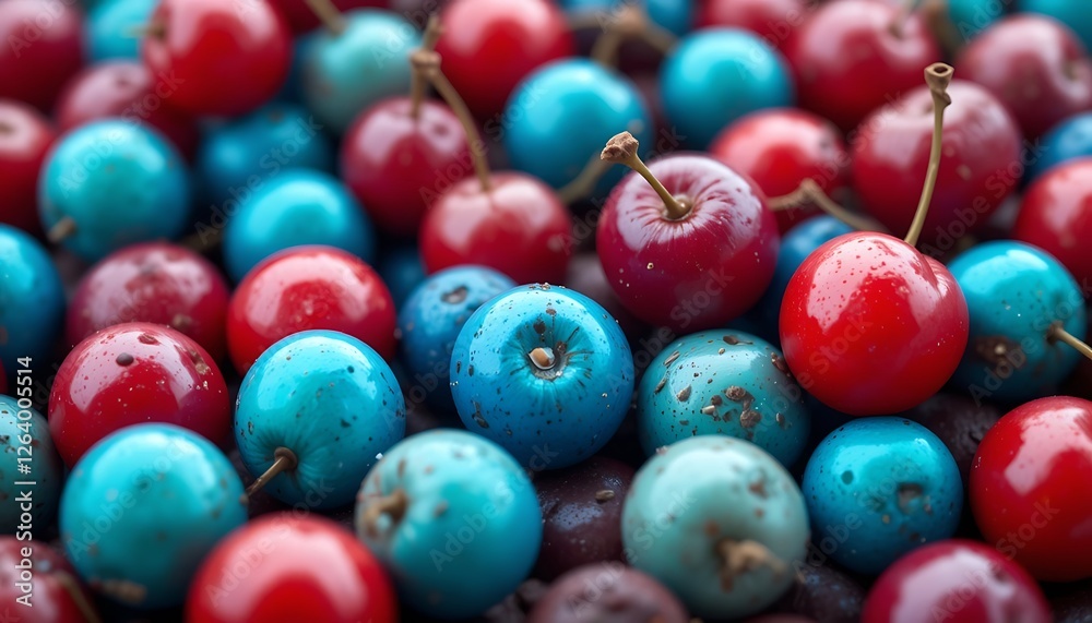 Close-up view of vibrant red and blue painted cherries, a captivating display of color and texture. Close-up view of vibrant red and blue painted cherries, a captivating display of color and texture.