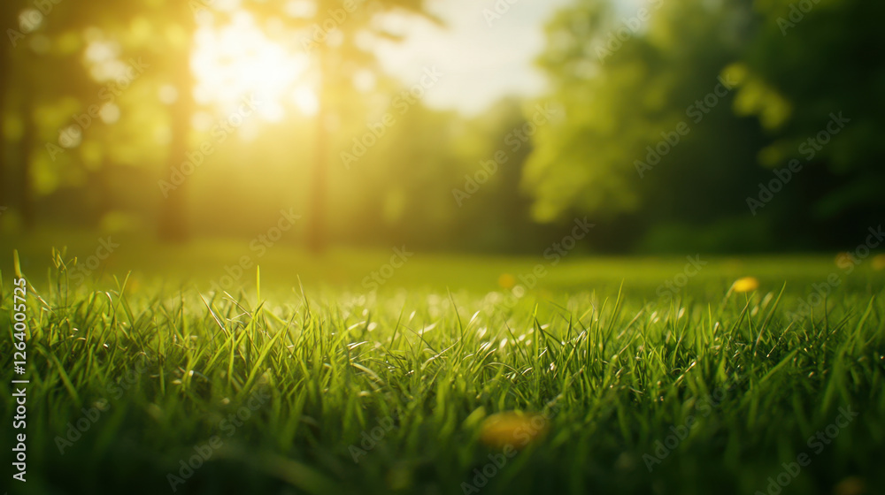 Lush green grass in sunny park with soft sunlight filtering through trees, creating serene and peaceful atmosphere Lush green grass in sunny park with soft sunlight filtering through trees, creating serene and peaceful atmosphere