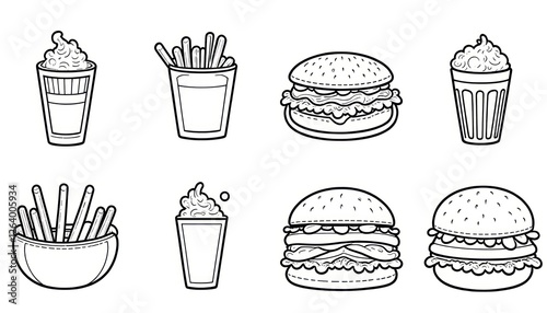 Retro Fast Food Icon Set: Burgers, Fries, and Milkshakes in Line Art Style