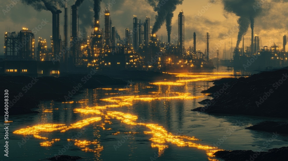 Naklejka premium A 3D detailed image of industrial machinery pouring glowing waste into rivers, with toxic glowing streams spreading through the water, symbolizing pollution.