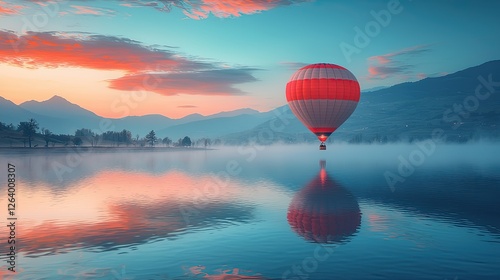 A vibrant hot air balloon floats gracefully over a misty lake at sunrise, reflecting colors