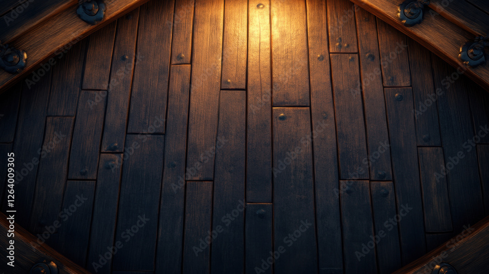 Fototapeta premium Wooden board background from pirate ship, featuring dark planks and warm lighting, creating rustic and adventurous atmosphere