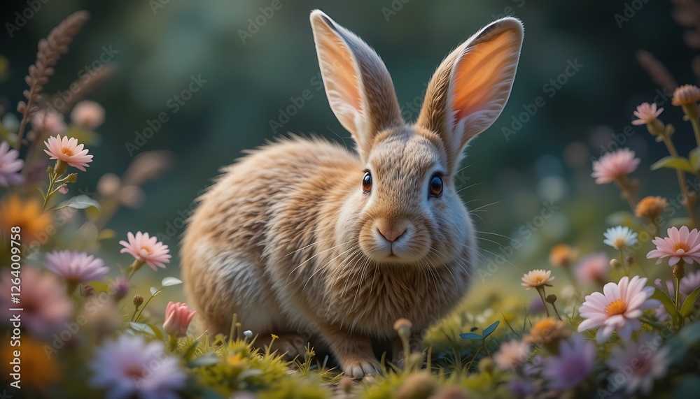 Obraz premium Adorable Fluffy Brown Bunny Rabbit in a Field of Delicate Spring Flowers