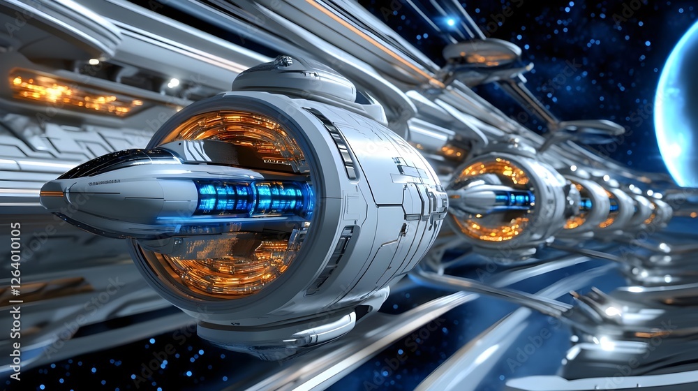 Fototapeta premium Futuristic Spaceship Pods in Space Station - Sci-Fi