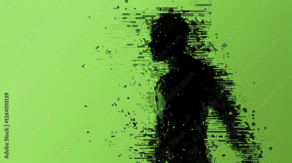 Obraz premium A fragmented digital silhouette of a human figure dissolving into pixels, representing artificial intelligence, digital transformation, and virtual identity in a futuristic world. AI generated.