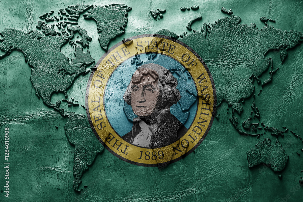 Fototapeta premium Flag of washington state on the ancient leather old world map . Adventure concept. Macro shot. Generative Ai