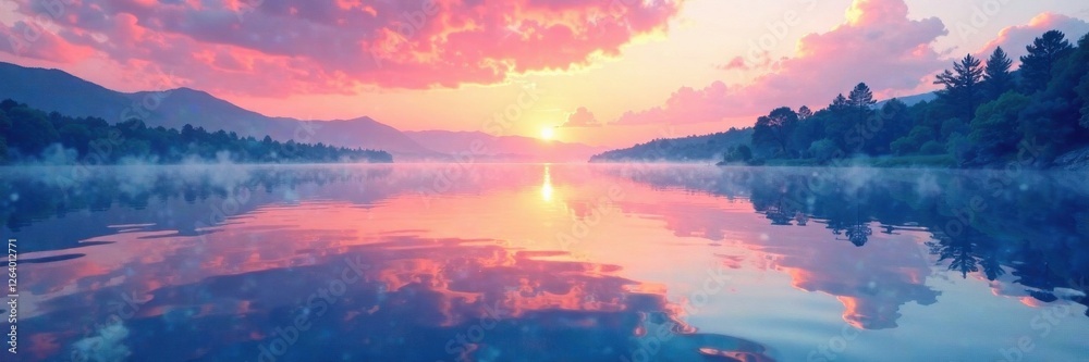 Fototapeta premium Wavy watercolor texture on a serene lake at dawn, texture, serene, lake