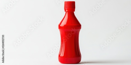 A vibrant red plastic bottle, featuring a subtly askew crimson cap atop its sleek cylindrical form, exudes elegance in close-up detail. Its smooth surface invites touch and imagination.   photo