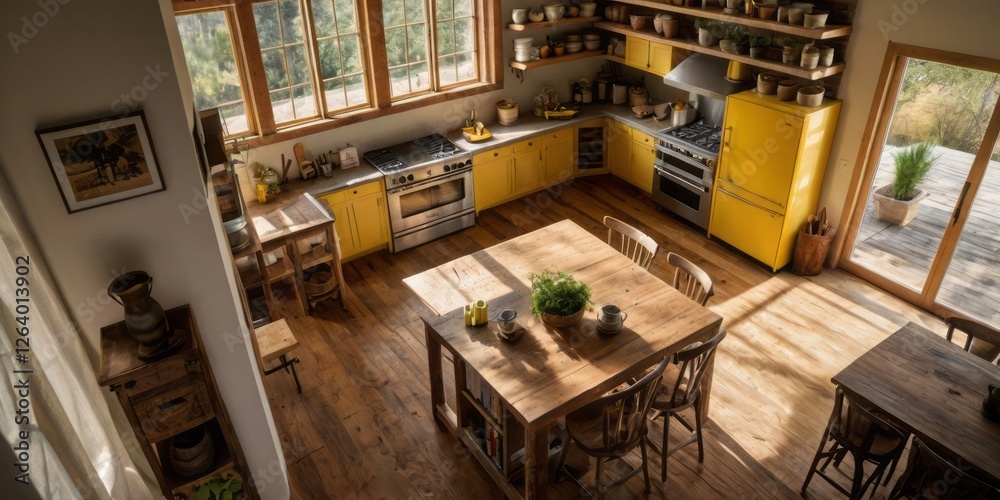 Fototapeta premium Sunlit Rustic Kitchen With Yellow Appliances And Wooden Table