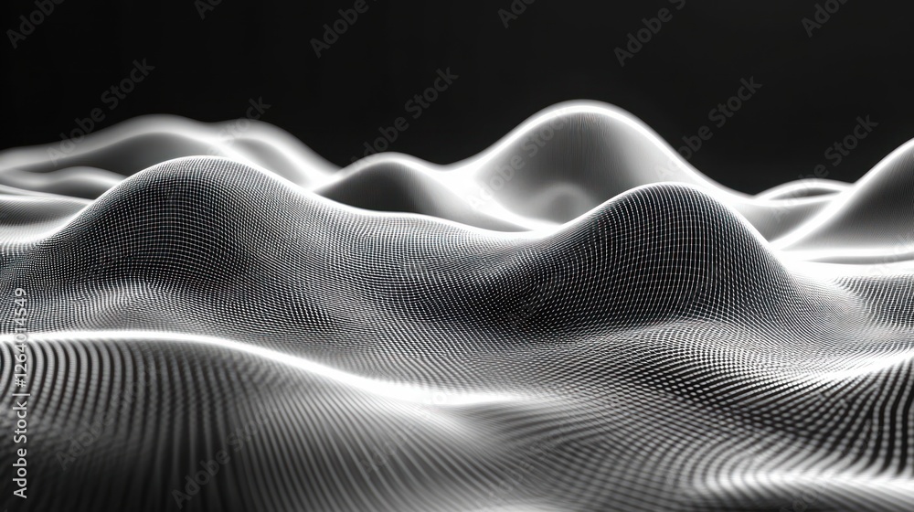 Naklejka premium Abstract digital landscape, glowing waves, dark background, tech concept